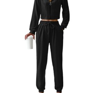 KIRUNDO Women's Sweatsuits Tracksuit Fall Zip Hoodie Jogger Sweatpants 2 Piece Plain Athletic Sports Casual Sweat Suits (Black, Small)