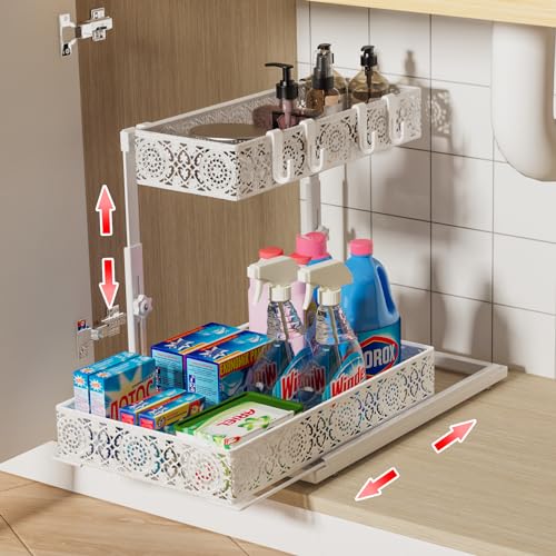 Iirios Adjustable Height Under Sink Organizer, 2-Tier L-Shape Slide Out Sliding Shelf, Under Cabinet Organizer with Drawer and Hooks, Multi-Use Under Sink Storage for Bathroom Kitchen, White