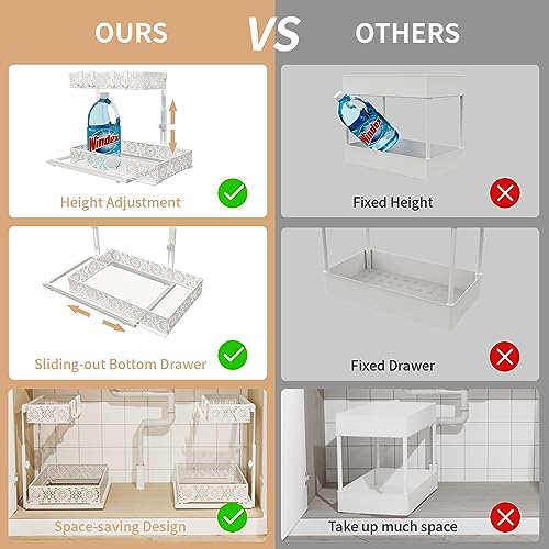 Iirios Adjustable Height Under Sink Organizer, 2-Tier L-Shape Slide Out Sliding Shelf, Under Cabinet Organizer with Drawer and Hooks, Multi-Use Under Sink Storage for Bathroom Kitchen, White