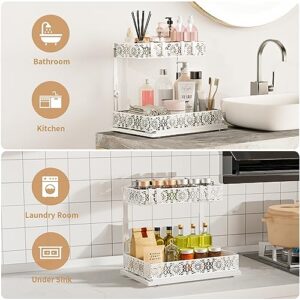 Iirios Adjustable Height Under Sink Organizer, 2-Tier L-Shape Slide Out Sliding Shelf, Under Cabinet Organizer with Drawer and Hooks, Multi-Use Under Sink Storage for Bathroom Kitchen, White