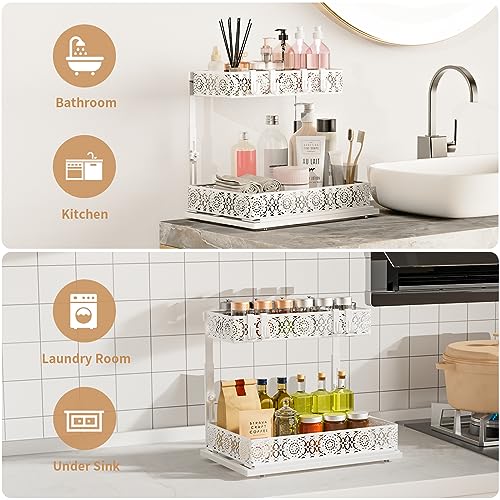 Iirios Adjustable Height Under Sink Organizer, 2-Tier L-Shape Slide Out Sliding Shelf, Under Cabinet Organizer with Drawer and Hooks, Multi-Use Under Sink Storage for Bathroom Kitchen, White