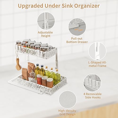 Iirios Adjustable Height Under Sink Organizer, 2-Tier L-Shape Slide Out Sliding Shelf, Under Cabinet Organizer with Drawer and Hooks, Multi-Use Under Sink Storage for Bathroom Kitchen, White