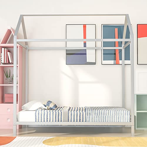 YuiHome House Bed Frame Twin Size, Kids Bed Frame Metal Platform Bed Floor Bed for Kids Boys Girls No Box Spring Needed ，Silver