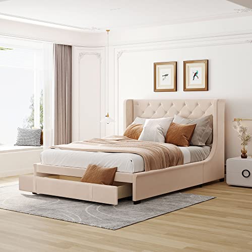 YuiHome Queen Size Velvet Upholstered Storage Bed, Wood Platform Bed Frame with Wingback Headboard and a Big Drawer,Beige