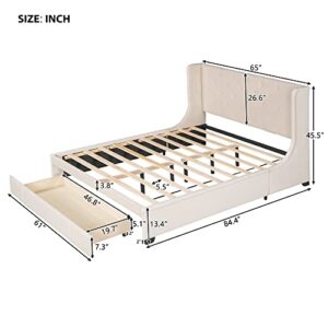 YuiHome Queen Size Velvet Upholstered Storage Bed, Wood Platform Bed Frame with Wingback Headboard and a Big Drawer,Beige