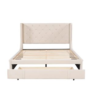 YuiHome Queen Size Velvet Upholstered Storage Bed, Wood Platform Bed Frame with Wingback Headboard and a Big Drawer,Beige