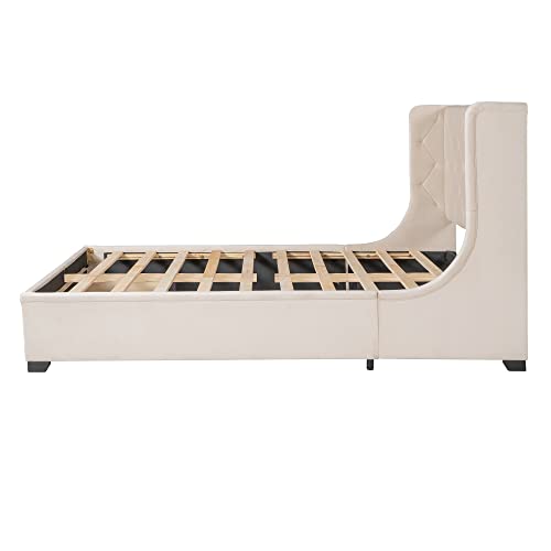 YuiHome Queen Size Velvet Upholstered Storage Bed, Wood Platform Bed Frame with Wingback Headboard and a Big Drawer,Beige