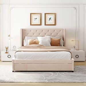 YuiHome Queen Size Velvet Upholstered Storage Bed, Wood Platform Bed Frame with Wingback Headboard and a Big Drawer,Beige