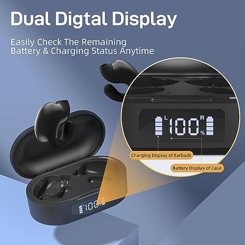 Open Ear Headphones Bluetooth Air Conduction Earphones, 48 Hours Playback with Charging Case, Ear Clips Buds Bluetooth Wreless Earbuds, Open Ear Earbuds for Workout Cycling Running Gym (Black)
