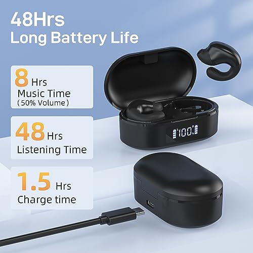 Open Ear Headphones Bluetooth Air Conduction Earphones, 48 Hours Playback with Charging Case, Ear Clips Buds Bluetooth Wreless Earbuds, Open Ear Earbuds for Workout Cycling Running Gym (Black)