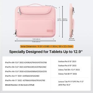 MoKo 12.9 Inch Laptop Sleeve Case Fits iPad Pro 12.9 M2 2022/2021/2020, Galaxy Tab S9+ 12.4 2023, Surface Laptop Go 12.4, Waterproof Polyester Bag with Double Pockets, Retractable Handle, Pink