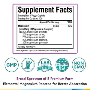 Terranics Magnesium Complex 500mg, 120 Veg Capsules, 55mg of Elemental Magnesium per Capsule, Better Absorption, Sleep, Muscle, Heart Health, Vegan, Non-GMO