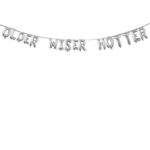 Older Wiser Hotter Balloon, Silver Birthday Decorations, Happy Birthday Banner for 30th 40th 50th 60th 70th 80th Birthday Party Supplies