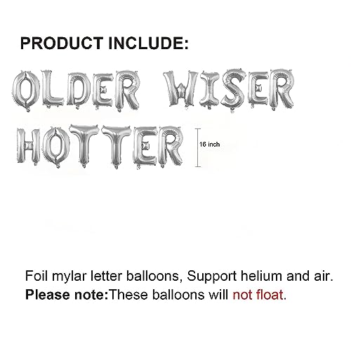 Older Wiser Hotter Balloon, Silver Birthday Decorations, Happy Birthday Banner for 30th 40th 50th 60th 70th 80th Birthday Party Supplies