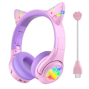 riwbox cf9 cat ear kids bluetooth headphones with led light up,safe 85db volume limit,built-in mic&boom mic for calls,kids wireless&wired headphones for girls/toddler/online learning/school (purple)