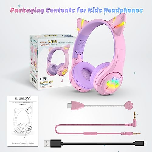 Riwbox CF9 Cat Ear Kids Bluetooth Headphones with LED Light Up,Safe 85dB Volume Limit,Built-in Mic&Boom Mic for Calls,Kids Wireless&Wired Headphones for Girls/Toddler/Online Learning/School (Purple)