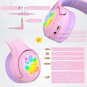 Riwbox CF9 Cat Ear Kids Bluetooth Headphones with LED Light Up,Safe 85dB Volume Limit,Built-in Mic&Boom Mic for Calls,Kids Wireless&Wired Headphones for Girls/Toddler/Online Learning/School (Purple)