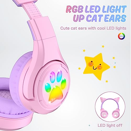 Riwbox CF9 Cat Ear Kids Bluetooth Headphones with LED Light Up,Safe 85dB Volume Limit,Built-in Mic&Boom Mic for Calls,Kids Wireless&Wired Headphones for Girls/Toddler/Online Learning/School (Purple)