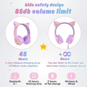 Riwbox CF9 Cat Ear Kids Bluetooth Headphones with LED Light Up,Safe 85dB Volume Limit,Built-in Mic&Boom Mic for Calls,Kids Wireless&Wired Headphones for Girls/Toddler/Online Learning/School (Purple)