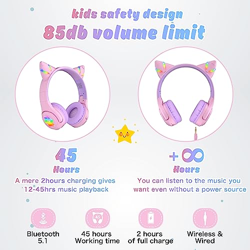 Riwbox CF9 Cat Ear Kids Bluetooth Headphones with LED Light Up,Safe 85dB Volume Limit,Built-in Mic&Boom Mic for Calls,Kids Wireless&Wired Headphones for Girls/Toddler/Online Learning/School (Purple)