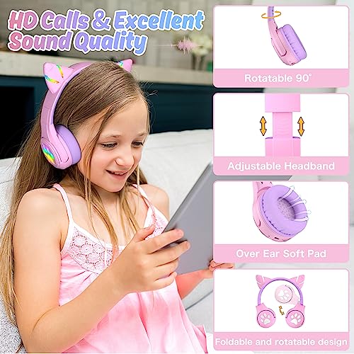 Riwbox CF9 Cat Ear Kids Bluetooth Headphones with LED Light Up,Safe 85dB Volume Limit,Built-in Mic&Boom Mic for Calls,Kids Wireless&Wired Headphones for Girls/Toddler/Online Learning/School (Purple)