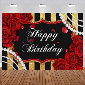 happy birthday photography background woman floral birthday party backdrop adult men woman party decor red roses floral pearl black and gold stripes backdrop baby shower cake table banner (6x4ft)