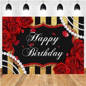 Happy Birthday Photography Background Woman Floral Birthday Party Backdrop Adult Men Woman Party Decor Red Roses Floral Pearl Black and Gold Stripes Backdrop Baby Shower Cake Table Banner (6X4FT)