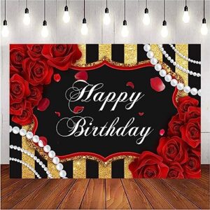 Happy Birthday Photography Background Woman Floral Birthday Party Backdrop Adult Men Woman Party Decor Red Roses Floral Pearl Black and Gold Stripes Backdrop Baby Shower Cake Table Banner (6X4FT)