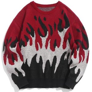 zaful mens long sleeve flame graphic y2k knit sweaters casual oversized sweater pullover wine red xxl