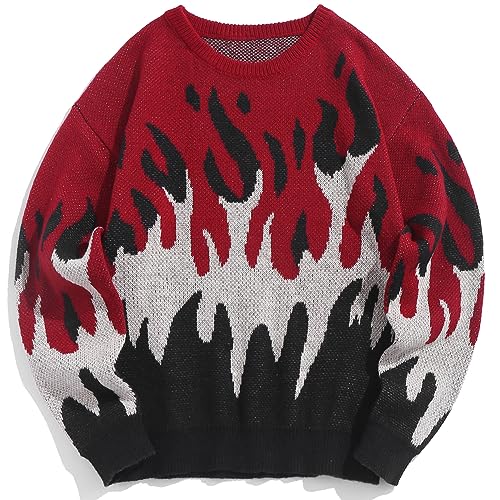 ZAFUL Mens Long Sleeve Flame Graphic Y2K Knit Sweaters Casual Oversized Sweater Pullover Wine Red XXL