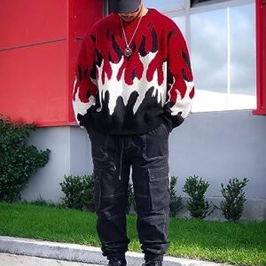 ZAFUL Mens Long Sleeve Flame Graphic Y2K Knit Sweaters Casual Oversized Sweater Pullover Wine Red XXL