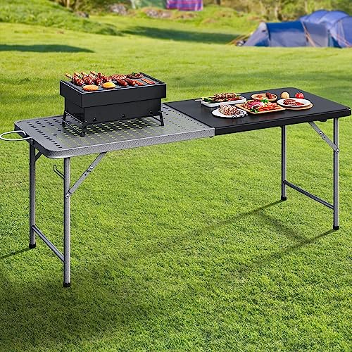 YITAHOME 6Ft Folding Grill Table, Portable 2-in-1 Design Camping Table for Grill with Mesh Desktop, Folding Table for Grill Camping Cooking BBQ Picnic, Black