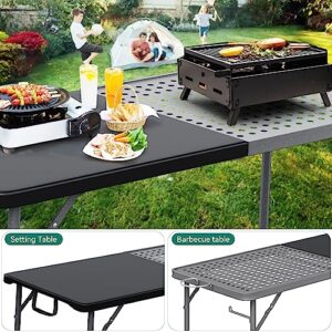 YITAHOME 6Ft Folding Grill Table, Portable 2-in-1 Design Camping Table for Grill with Mesh Desktop, Folding Table for Grill Camping Cooking BBQ Picnic, Black