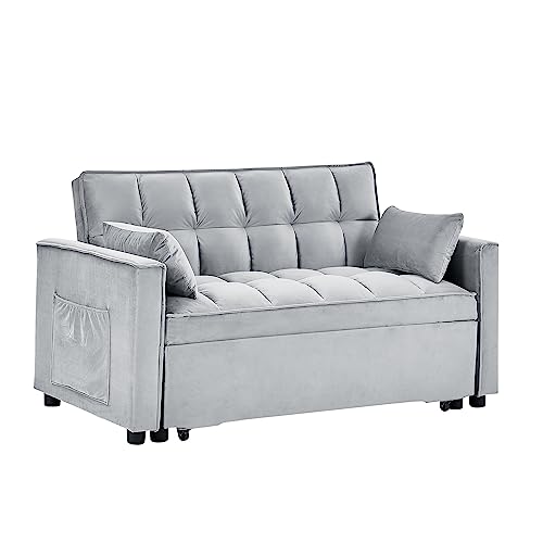 FANYE Modern Futon Sofa Convertible to Nap Sleeper Couch Bed, Soft Loveseat & Sofabed for Home Office Apartment Small Space Living Room, Gray Velvet Tufted 2 Pillows Side Pockets 55" W