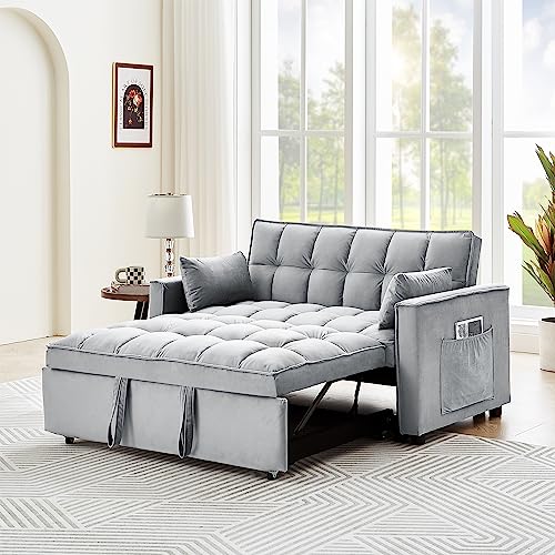 FANYE Modern Futon Sofa Convertible to Nap Sleeper Couch Bed, Soft Loveseat & Sofabed for Home Office Apartment Small Space Living Room, Gray Velvet Tufted 2 Pillows Side Pockets 55" W