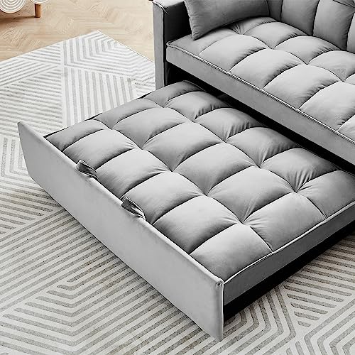 FANYE Modern Futon Sofa Convertible to Nap Sleeper Couch Bed, Soft Loveseat & Sofabed for Home Office Apartment Small Space Living Room, Gray Velvet Tufted 2 Pillows Side Pockets 55" W