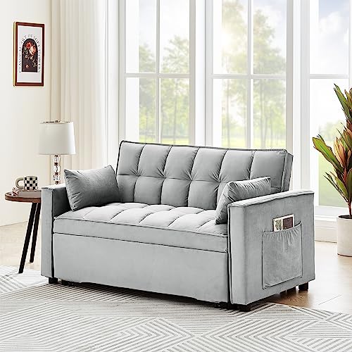 FANYE Modern Futon Sofa Convertible to Nap Sleeper Couch Bed, Soft Loveseat & Sofabed for Home Office Apartment Small Space Living Room, Gray Velvet Tufted 2 Pillows Side Pockets 55" W