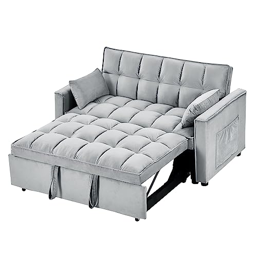 FANYE Modern Futon Sofa Convertible to Nap Sleeper Couch Bed, Soft Loveseat & Sofabed for Home Office Apartment Small Space Living Room, Gray Velvet Tufted 2 Pillows Side Pockets 55" W