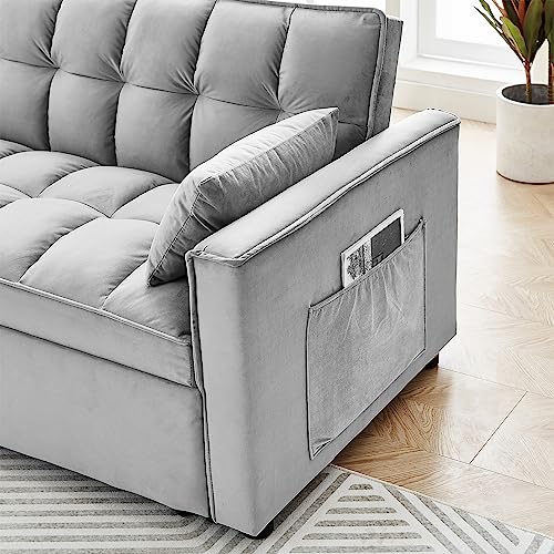 FANYE Modern Futon Sofa Convertible to Nap Sleeper Couch Bed, Soft Loveseat & Sofabed for Home Office Apartment Small Space Living Room, Gray Velvet Tufted 2 Pillows Side Pockets 55" W