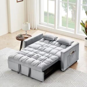 FANYE Modern Futon Sofa Convertible to Nap Sleeper Couch Bed, Soft Loveseat & Sofabed for Home Office Apartment Small Space Living Room, Gray Velvet Tufted 2 Pillows Side Pockets 55" W
