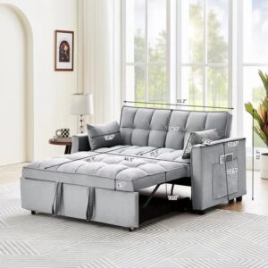 FANYE Modern Futon Sofa Convertible to Nap Sleeper Couch Bed, Soft Loveseat & Sofabed for Home Office Apartment Small Space Living Room, Gray Velvet Tufted 2 Pillows Side Pockets 55" W