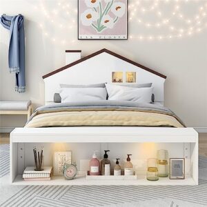 i-pook house bed with storage, led bed frame with house-shaped headboard, full size platform bed frame for children teens girls boys, white