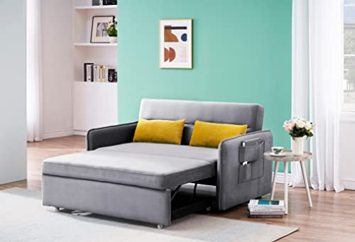 ERYE Modern Upholstered Futon Sofa Convertible Sleeper Couch Bed,Soft Loveseat & Sofabed for Home Office Apartment Small Space Living Room Napping Love Seats, Gray 2 Pillows Side Pockets Twin