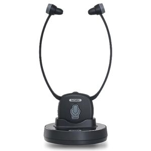 wireless headphones for tv with 2.4g rf transmitter charging dock, 100ft range, plug and play, high volume control in-ears earbud headphones for senior & hearing impaired, no delay, support rca/aux