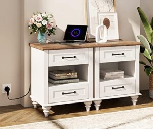 wampat end tables storage cabinet with charging station, mid-century set of 2 nightstands with 4 drawers & open shelf, farmhouse wood side table for bedroom & living room, off white
