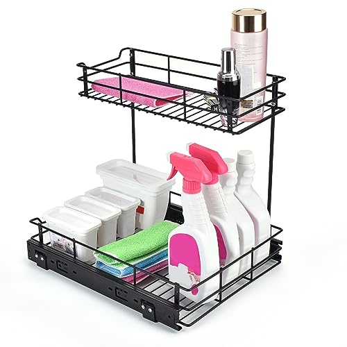 Gulongome Pull out Cabinet Organizer,Under Sink Organizer,2 Tier Sliding Wire Drawer,More Strong Material for Kitchen Slide Out Storage Shelf - 12.6W * 16.53D * 15.35H (Black)