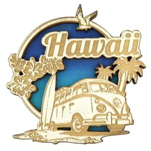 wooden hawaii fridge magnet, van and palm trees laser cut details, vacation souvenir magnetic accessory, 2.5 inches