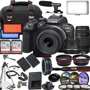 canon eos r10 mirrorless camera w/rf-s 18-45mm f/4.5-6.3 is stm + ef 75-300mm f/4-5.6 iii lens + 2x 64gb memory + case + microphone + led video light + more (35pc bundle)