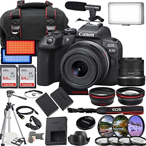 Canon EOS R10 Mirrorless Camera w/RF-S 18-45mm f/4.5-6.3 is STM + 2X 64GB Memory + Case + Microphone + LED Video Light + More (35pc Bundle)