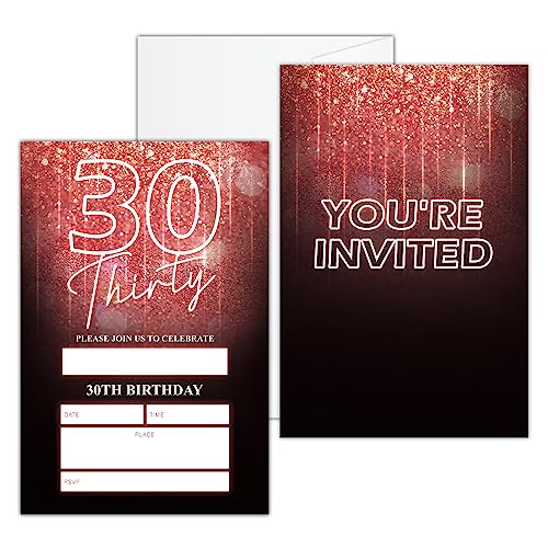 Ziyouza Neon Pink Birthday Invites, 30th Birthday Party Invitations for Woman and Man, Rose Gold Glitter Birthday Party Invitations (20 Count with Envelopes) for Adult Birthday, Surprise Party-26